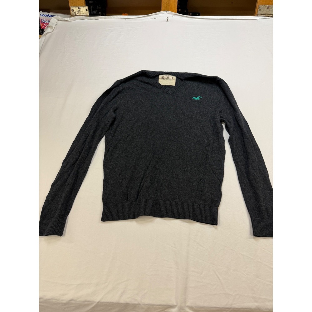 Hollister Mens V-Neck Sweater Charcoal Gray Teal Seagull Logo Size‎ Small